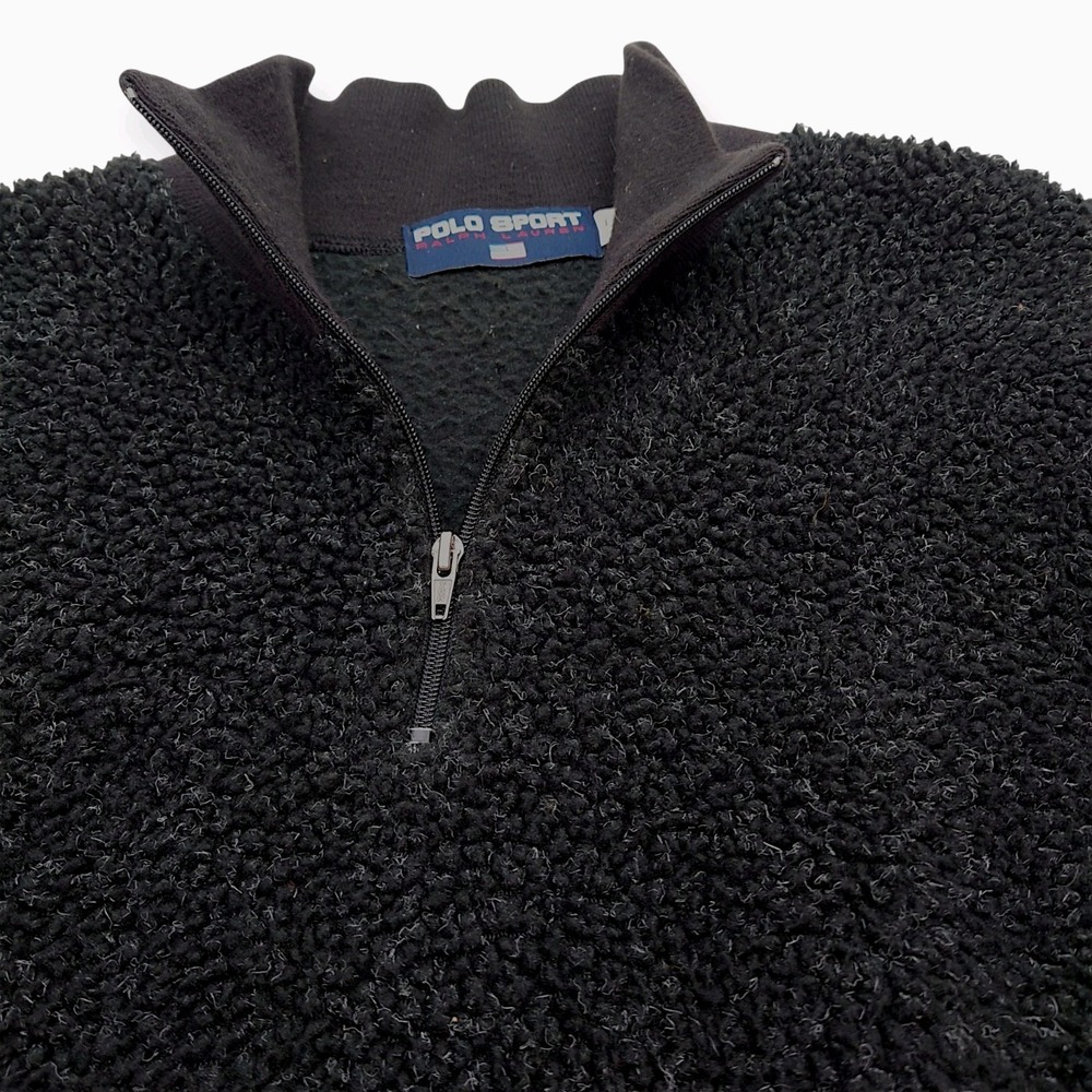 Vintage Polo Sport Ralph Lauren Deep Pile 1/4 Zip Fleece Men M/L Black Heathered
